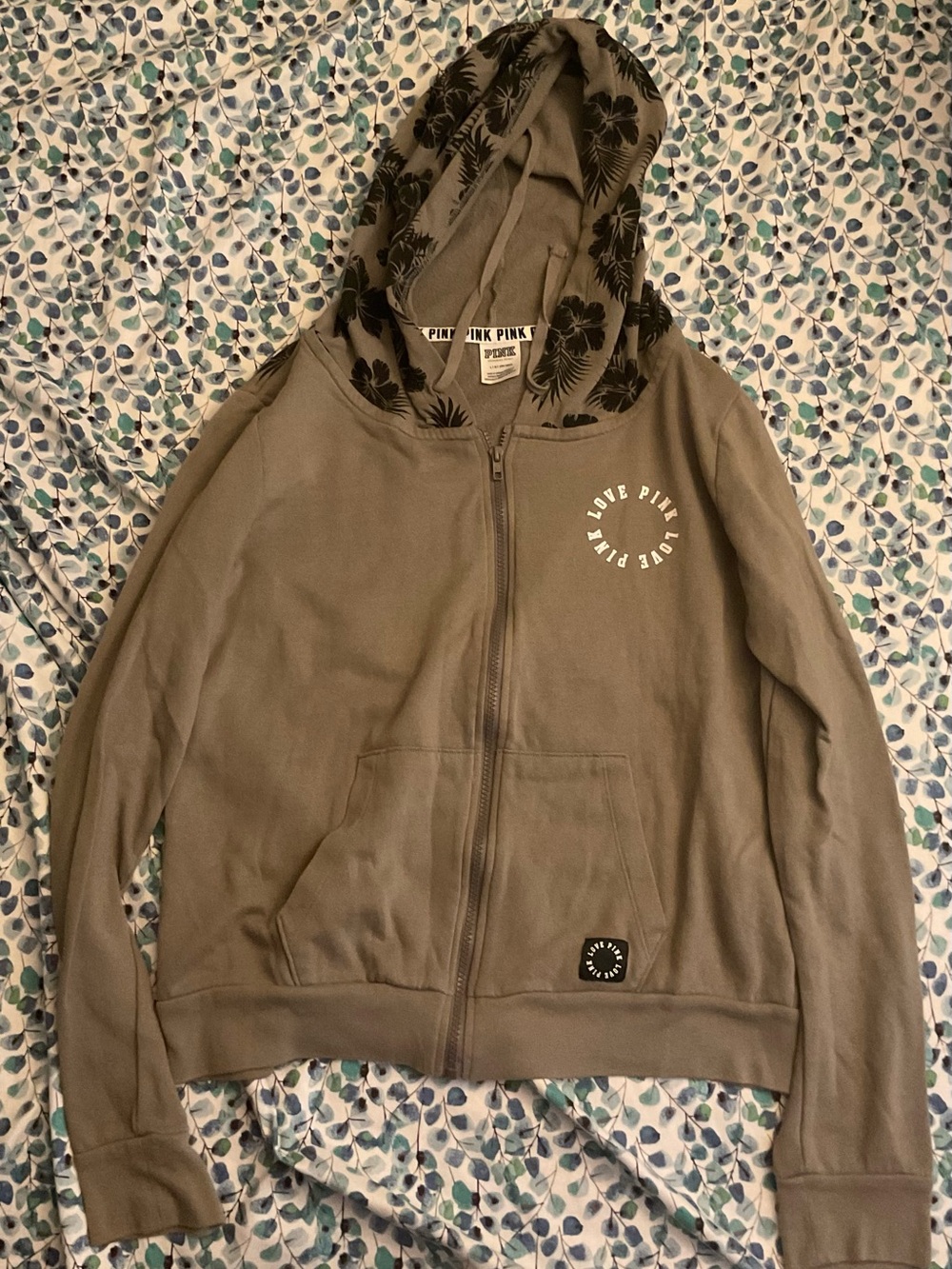 PINK Victoria's Secret Taupe Zip Hoodie with Black Palm-Print Lining